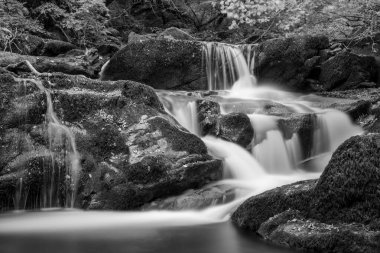 Hoar Oak Nehri 'nin üzerinde Exmoor Ulusal Parkı' ndaki Watersmeet 'te akan şelalenin uzun pozu.