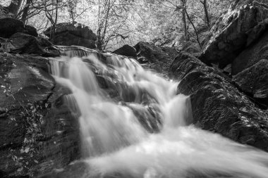 Hoar Oak Nehri 'nin üzerinde Exmoor Ulusal Parkı' ndaki Watersmeet 'te akan şelalenin uzun pozu.