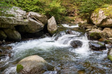 Doğu Lyn nehrinin üzerinde Exmoor Ulusal Parkı 'ndaki Watersmeet' te akan şelalenin uzun pozu