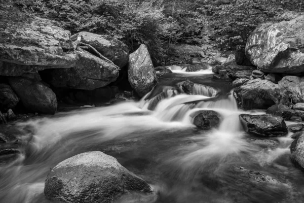 Lång Exponering Ett Vattenfall East Lyn Floden Rinner Genom Skogen — Stockfoto