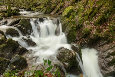 Sonbaharda Exmoor Ulusal Parkı 'ndaki Watersmmet' te Hoar Oak Nehri 'nde bir şelaleye uzun süre maruz kalmak