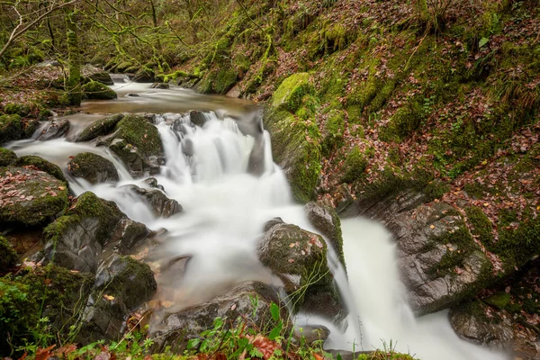 Long Exposure Waterfall Hoar Oak Water River Watersmmet Exmoor National — Stock Photo, Image