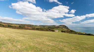 Dorset 'teki Jurassic Sahili' ndeki Altın Kapak dağının panoramik fotoğrafı