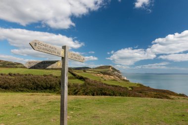 Dorset 'teki Jurassic Sahili' ndeki Golden Cap dağını gösteren bir patika işaretini kapat.