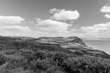 Dorset 'teki Jurassic Sahili' ndeki Altın Cap dağının manzara fotoğrafı.