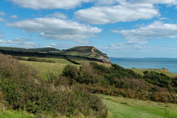 Dorset 'teki Jurassic Sahili' ndeki Altın Cap dağının manzara fotoğrafı.