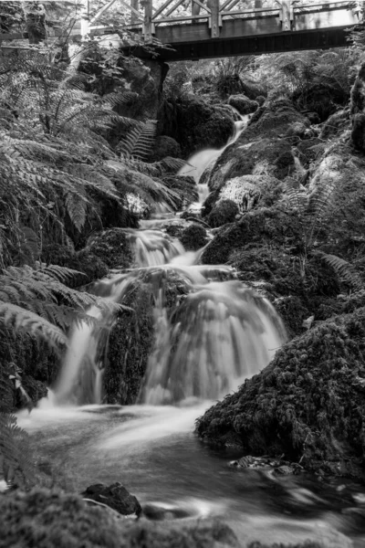 Lange Blootstelling Aan Een Waterval Die Onder Een Brug Stroomt — Stockfoto