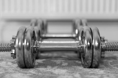 Evdeki dambılların siyah beyaz fotoğrafı.