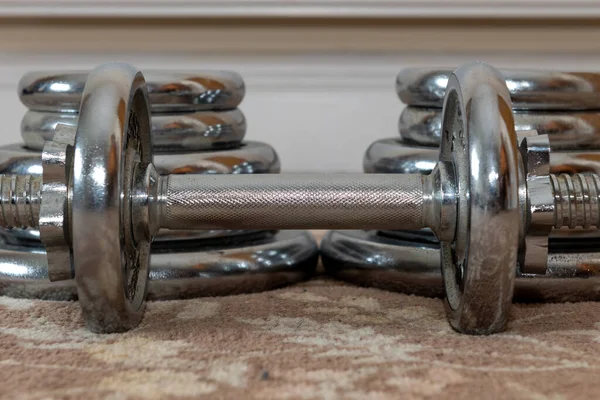 Close Small Dumbbell Floor Front Pile Heavy Weights — Stock Photo, Image