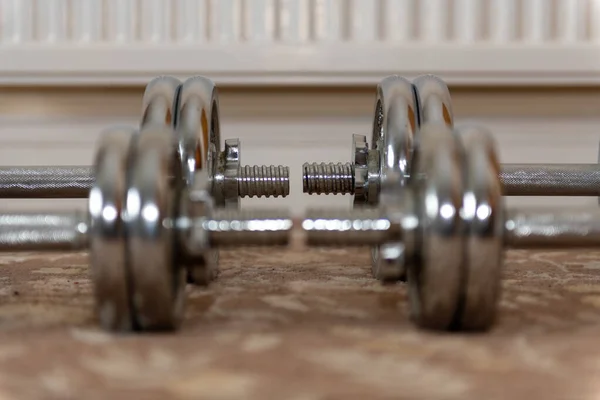 Close Dumbbells Floor Home — Stock Photo, Image