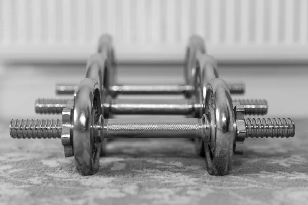 Black White Photo Dumbbells Floor Home — Stock Photo, Image