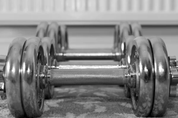 Black White Photo Dumbbells Floor Home — Stock Photo, Image