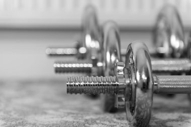 Evdeki bir sıra dambılın siyah beyaz fotoğrafı.