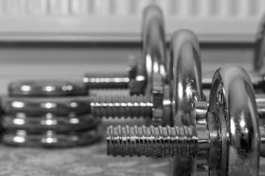 Evdeki bir sıra dambılın siyah beyaz fotoğrafı.