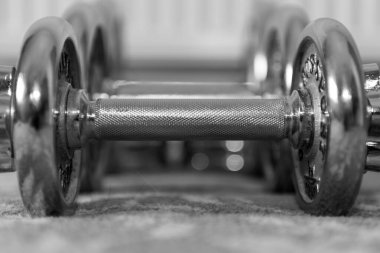 Evdeki bir sıra dambılın siyah beyaz fotoğrafı.