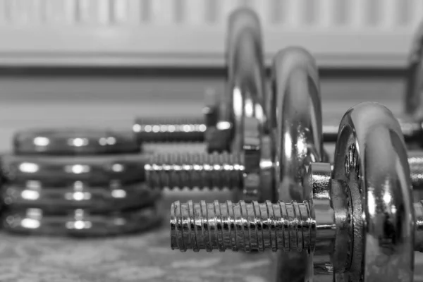 Black White Photo Row Dumbbells Floor Home — Stock Photo, Image