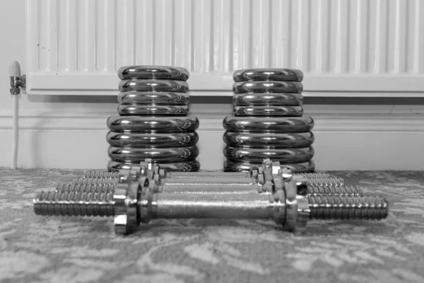 Black White Photo Weight Lifting Equipment Floor Home — Stock Photo, Image