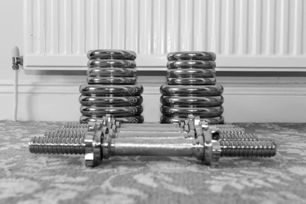 Black White Photo Weight Lifting Equipment Floor Home — Stock Photo, Image