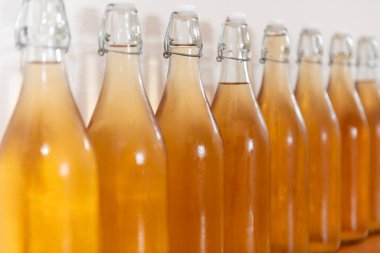 Bir sıra ev yapımı elma şarabı şişesini kapatın. Yoğunlaştırılmış elma şarabı.