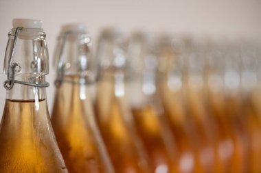 Bir sıra ev yapımı elma şarabı şişesini kapatın. Yoğunlaştırılmış elma şarabı.