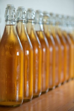 Bir sıra ev yapımı elma şarabı şişesini kapatın. Yoğunlaştırılmış elma şarabı.