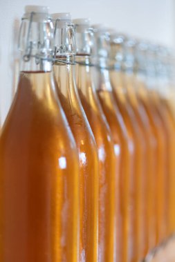 Bir sıra ev yapımı elma şarabı şişesini kapatın. Yoğunlaştırılmış elma şarabı.