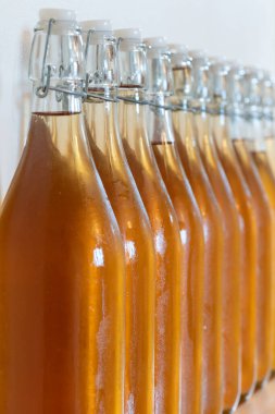 Bir sıra ev yapımı elma şarabı şişesini kapatın. Yoğunlaştırılmış elma şarabı.