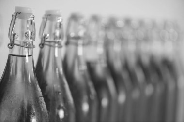 Bir sıra ev yapımı elma şarabı şişesinin yoğunlaştırılmış siyah beyaz fotoğrafı.