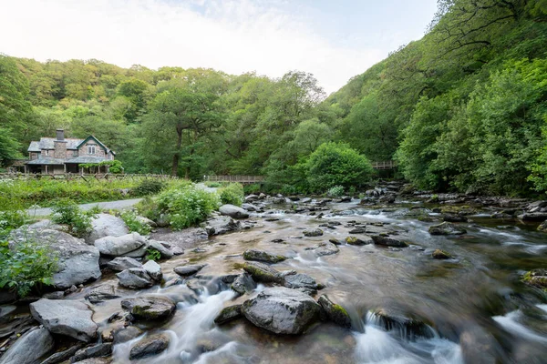 Long Exposure East Lyn River Flowing Watersmeet House Exmoor National — Stock Photo, Image