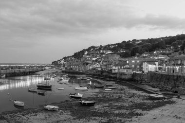 Fare deliği. Birleşik Krallık. 24 Temmuz 2021 Cornwall 'daki balıkçı köyünün bir yaz akşamı çekilmiş siyah beyaz fotoğrafı.