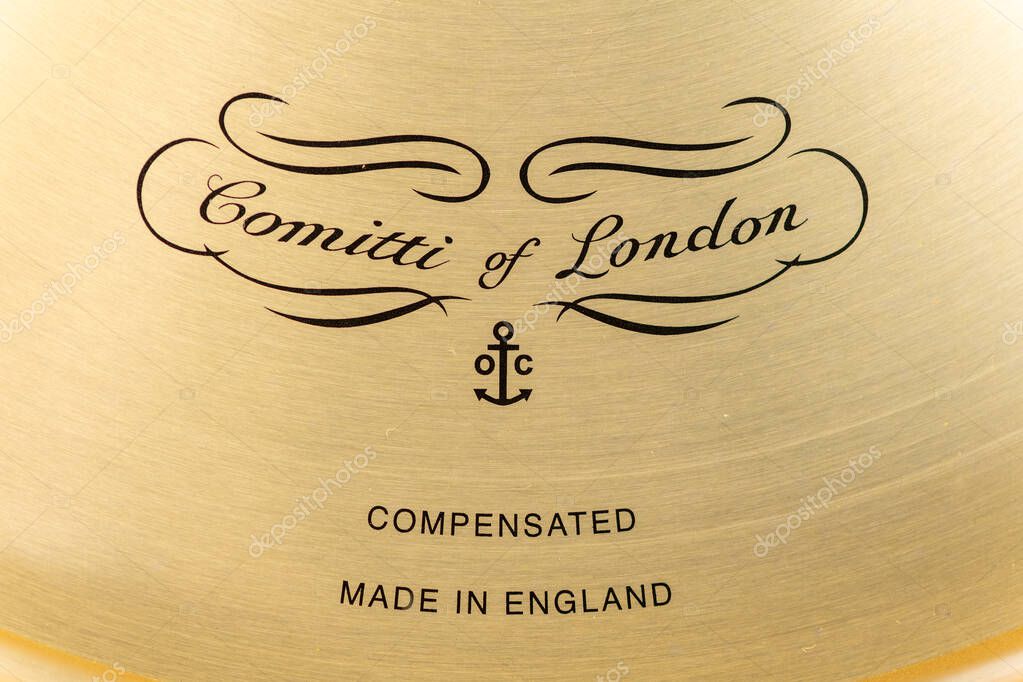 Pitney.Somerset.United Kingdom.January 19th 2025.Close up of the Comitti of London logo on an aneroid barometer