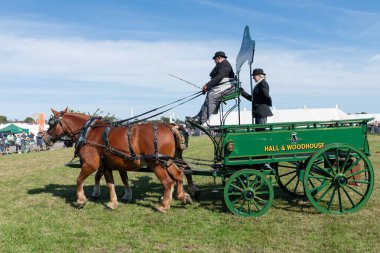 Dorchester. Dorset.Birleşik Krallık. 6 Ekim 2025. Dorset İlçe Şovu 'nda bir at arabası çekiyorlar.