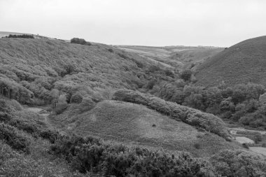 Weir Nehri 'nin kıyısındaki Exmoor Ulusal Parkı' ndaki Robbers Köprüsü 'nün çevresel yürüyüşü boyunca uzanan vadinin manzara fotoğrafı.