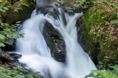 Doğu Lyn nehrinin üzerinde Exmoor Ulusal Parkı 'ndaki Watersmeet' te akan şelalenin uzun pozu