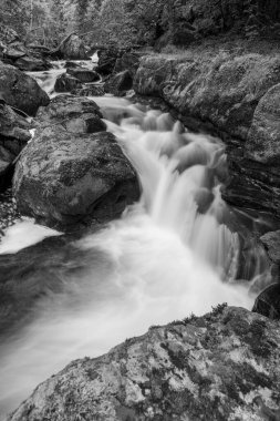 Doğu Lyn nehrinin üzerinde Exmoor Ulusal Parkı 'ndaki Watersmeet' te akan şelalenin uzun pozu
