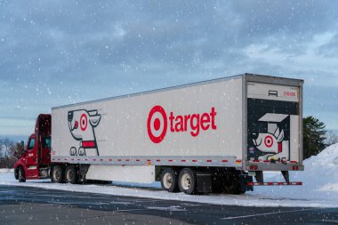 New Hartford, New York - 29 Kasım 2025: Kış teslimatı ikonik markalaşmayla karşılaşıyor. Hedef Bullseye. Karlı yolda köpek kamyonu. Perakende lojistik ve sezonluk yayın temaları için mükemmel.