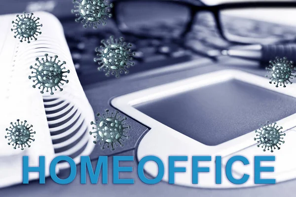 Notitieboek Konzept Homeoffice Mit Brille Und Corona Viren — Stockfoto