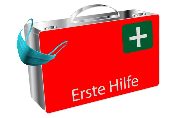 Erste Hilfe Koffer Mit Ffp2 Maske Isoliert Auf Weiss — Stockfoto