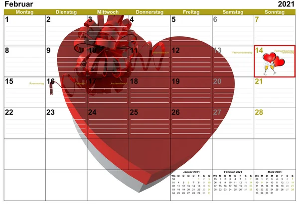 Valentinstag Kalender Februar Mit Roten Herzen — Foto de Stock