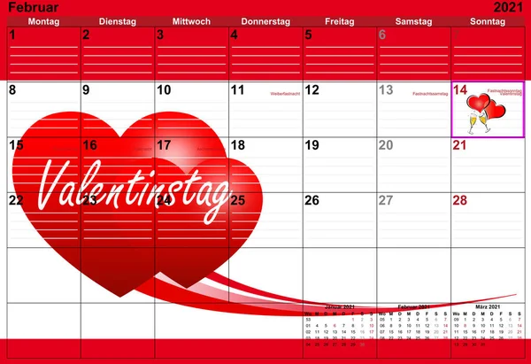 Valentinstag Kalender Februar Mit Roten Herzen — Fotografia de Stock