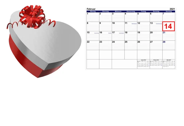 Valentinstag Kalender Februar Mit Rotem Herzen — Stockfoto