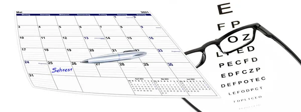 Kalender Mit Sehtest Und Brille Und Kugelschreiber Terminvergabe — Fotografia de Stock
