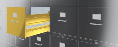 Silberner Aktenschrank mit geoeffneter goldener Schublade Banner Hintergrund