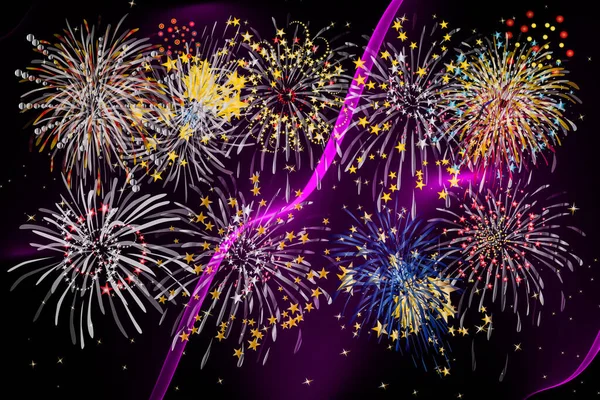 Fireworks Abstract Background Black Gold Silver Red Blue Yellow Lilac — Stock Photo, Image