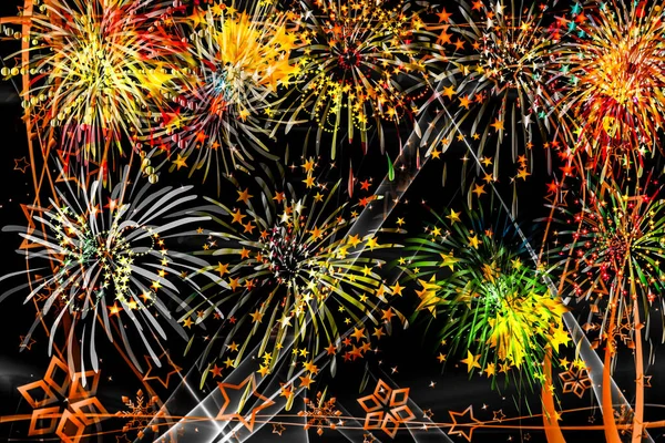 Feuerwerk Abstrakter Hintergrund Schwarz Gold Silber Rot Blau Orange Gelb — Stockfoto