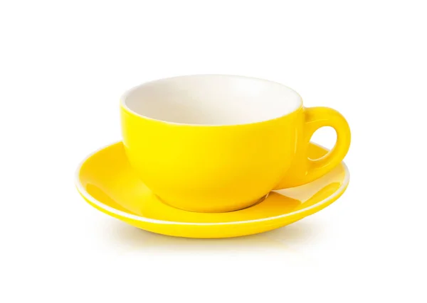 Empty Yellow Teacup Saucer Isolated White Colorful Pottery Mug Saucer — Stock Photo, Image