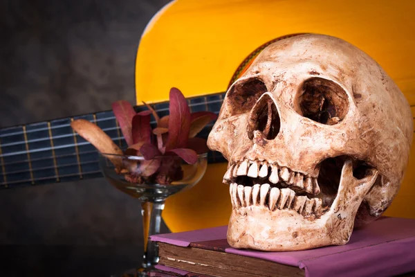 Skull on classical guitar — Stock Photo, Image