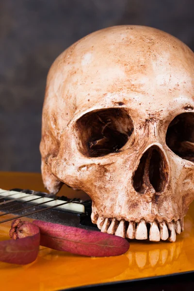 Skull on classical guitar — Stock Photo, Image