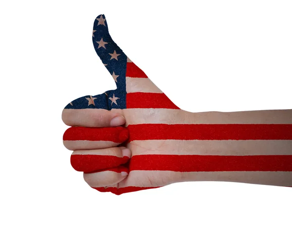 Thumb up sign with USA  flag painted on hand — Stock Photo, Image