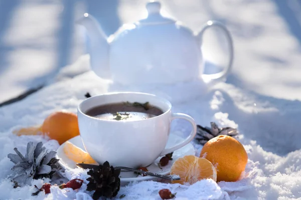 蜂蜜と熱いお茶のカップ ハーブと 冬の森の中でみかん 雪の上 クリスマスの概念はまだ生きている クリスマス — ストック写真